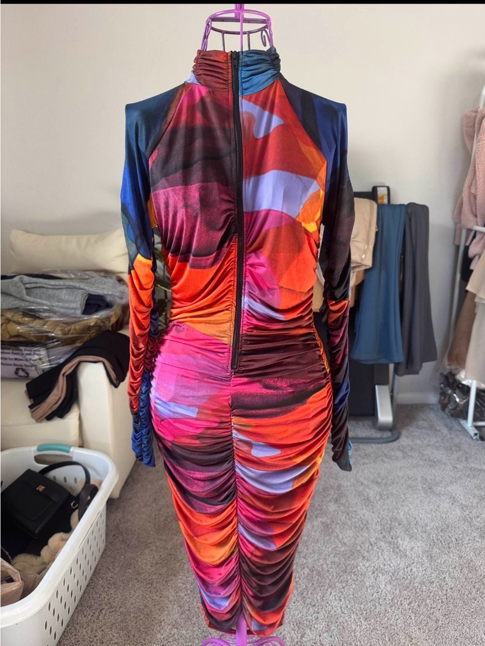 Fashion Nova Multi-Color Ruched Long Sleeve Zip Midi Dress